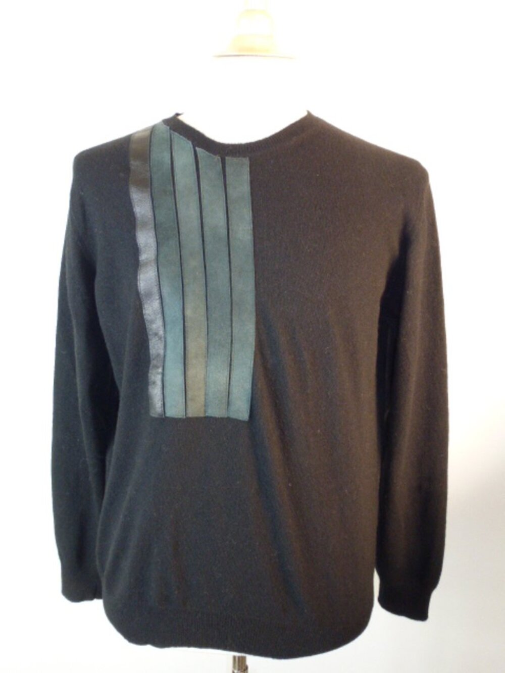 Roberto Collina black wool super geelong suede leather crewneck  sweater L Italy